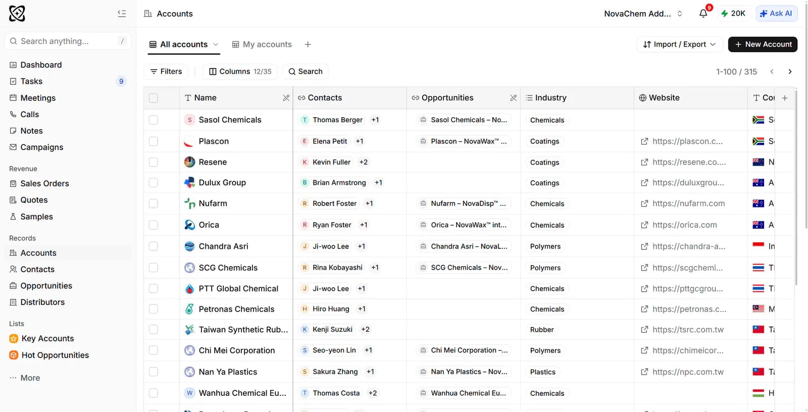 Таблица Accounts со списком компаний, их контактами, сделками, отраслью и сайтом