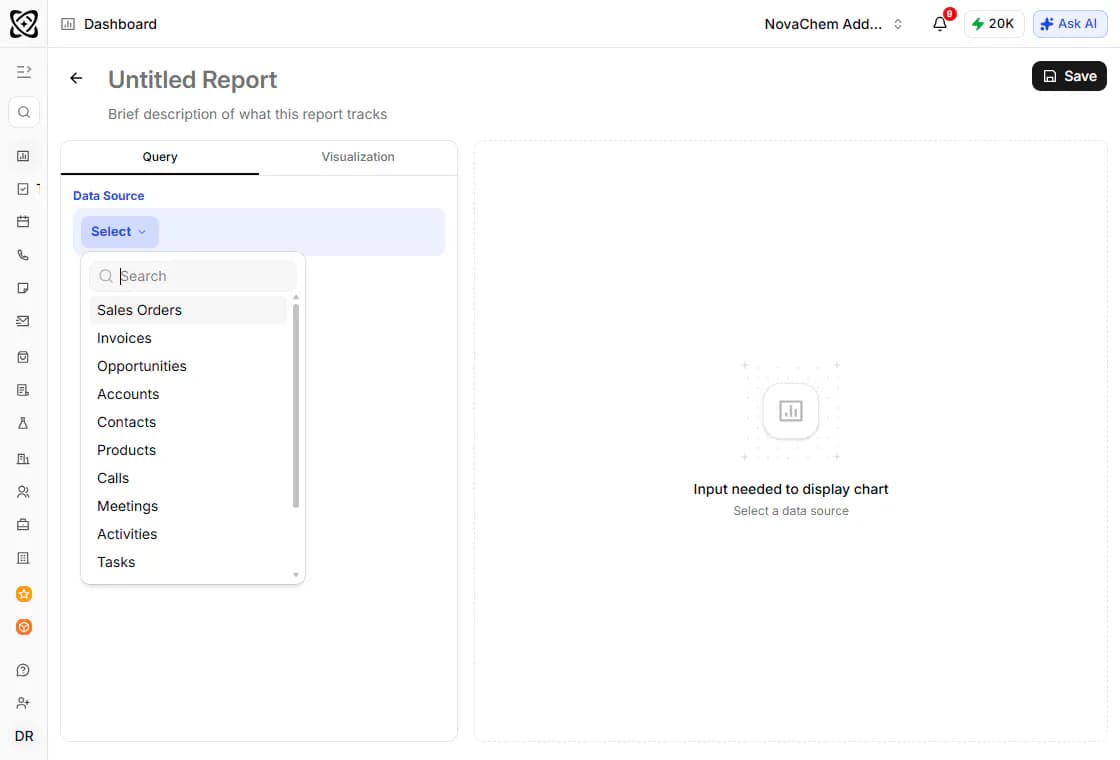 Der Report-Builder mit geöffneter Datenquellenliste