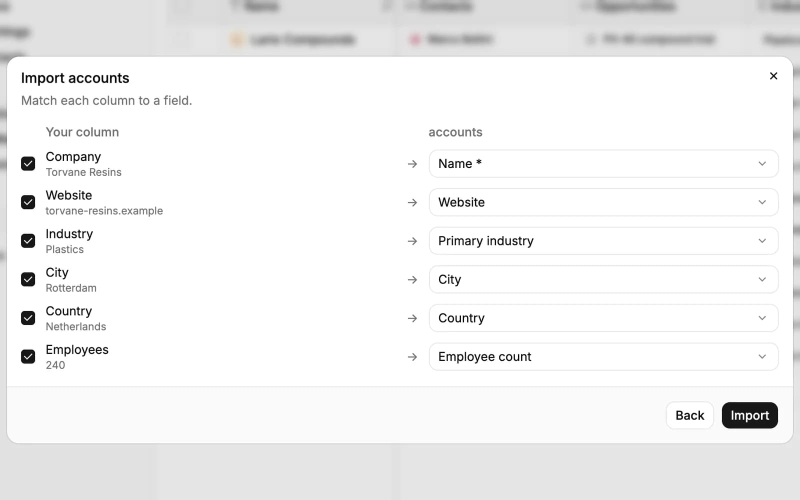 Import accounts: the file's columns (Company, Website, Industry, City, Country and Employees) matched to the account fields Name, Website, Primary industry, City, Country and Employee count