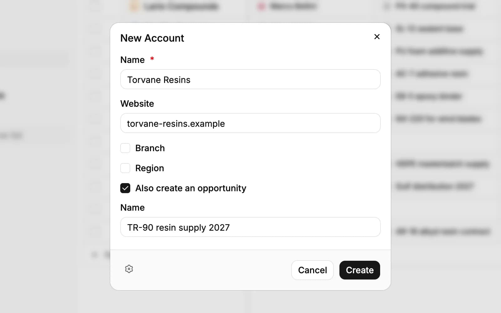 The New Account window: Name and Website filled in, the Branch and Region boxes, and Also create an opportunity ticked with the opportunity's name below it