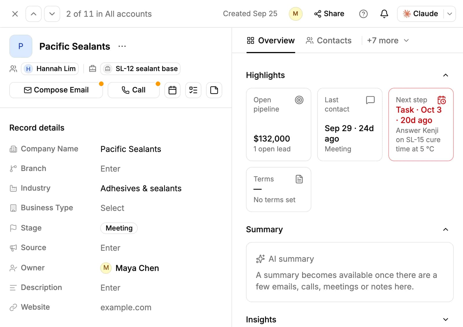 The Pacific Sealants account page: its contact and opportunity chips, the Compose Email and Call buttons, Record details on the left, and Highlights with the open pipeline, last contact, next step and terms on the right
