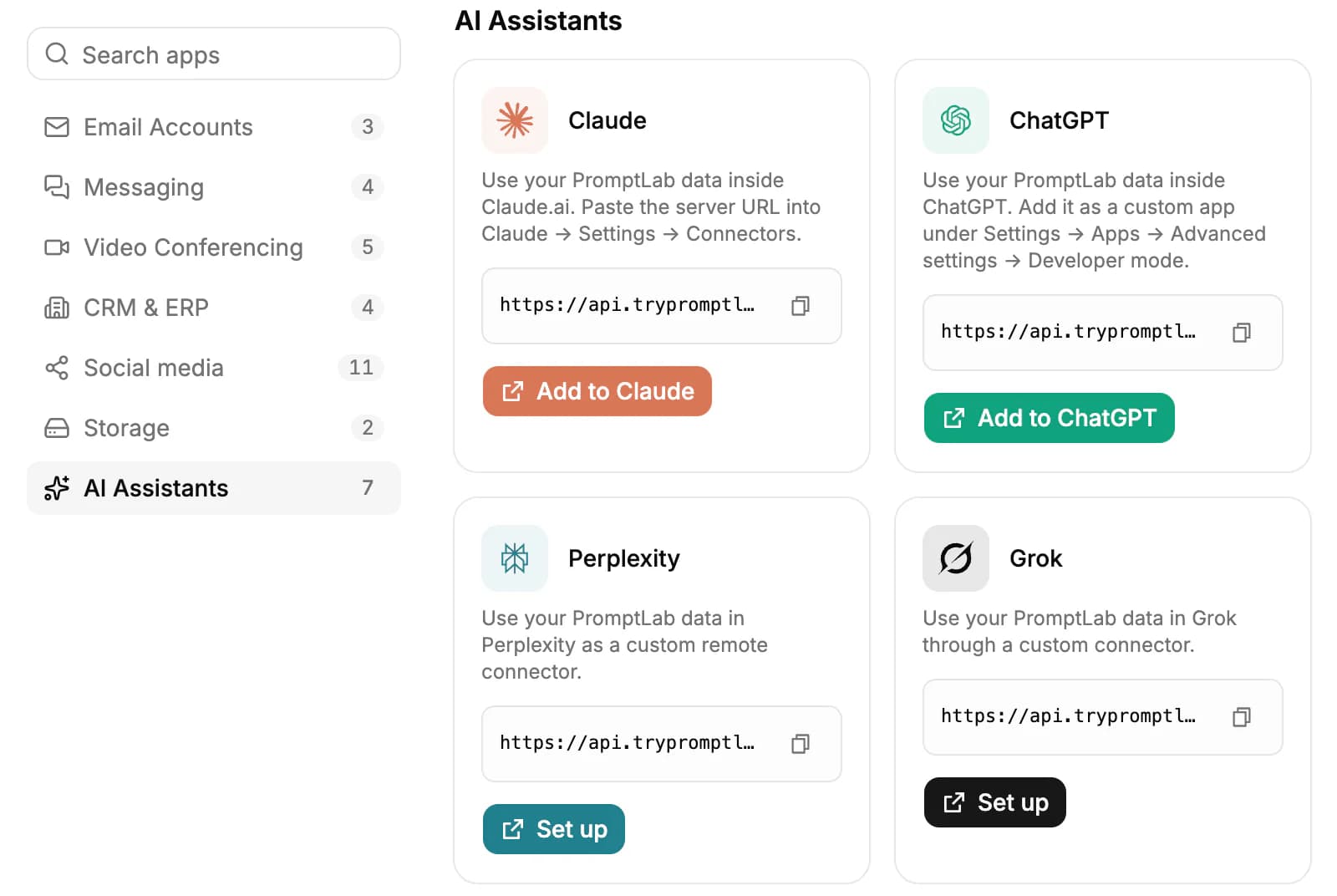 The AI Assistants section: Claude, ChatGPT, Perplexity and Grok cards, each with the PromptLab server URL and a button to add it