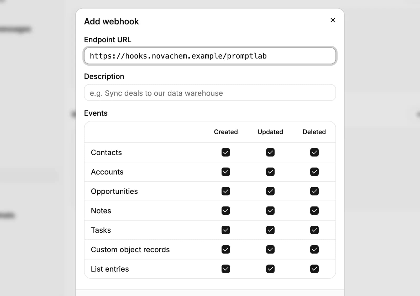 The Add webhook dialog: the endpoint URL, a description and a grid of events, created, updated and deleted for each kind of record