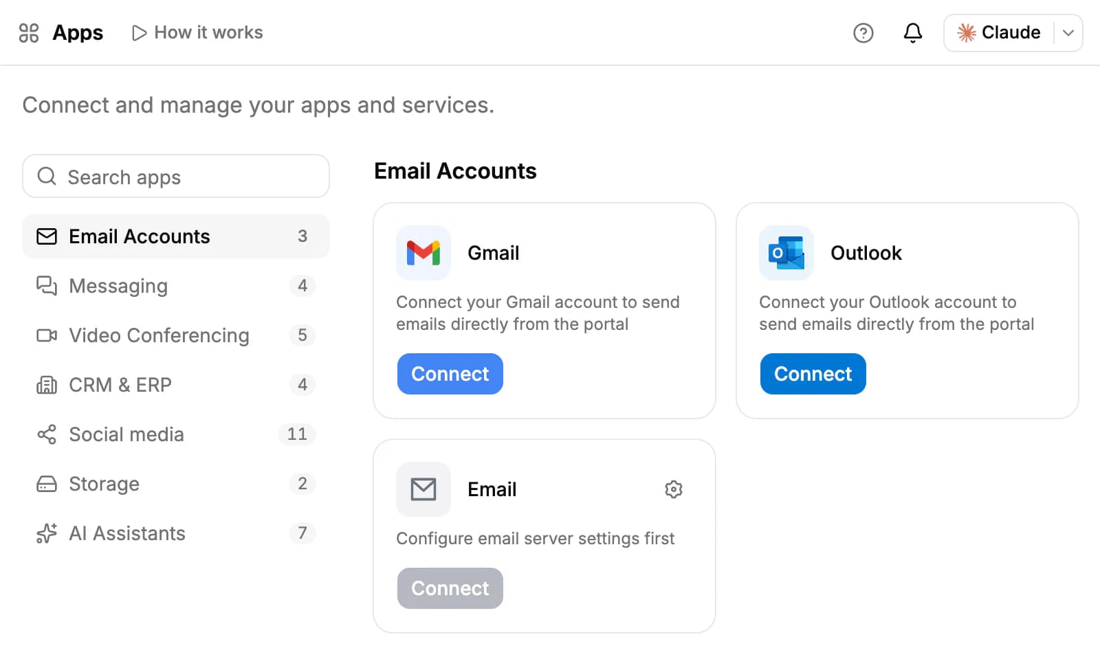 The Apps page: the category list on the left and the Email Accounts section with the Gmail, Outlook and Email cards
