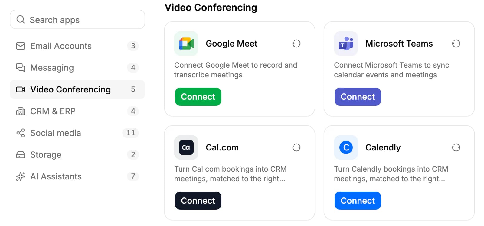 The Video Conferencing section of the Apps page with Connect buttons on Google Meet, Microsoft Teams, Cal.com and Calendly