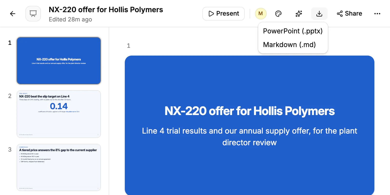 The Download menu on a deck, offering PowerPoint (.pptx) and Markdown (.md)