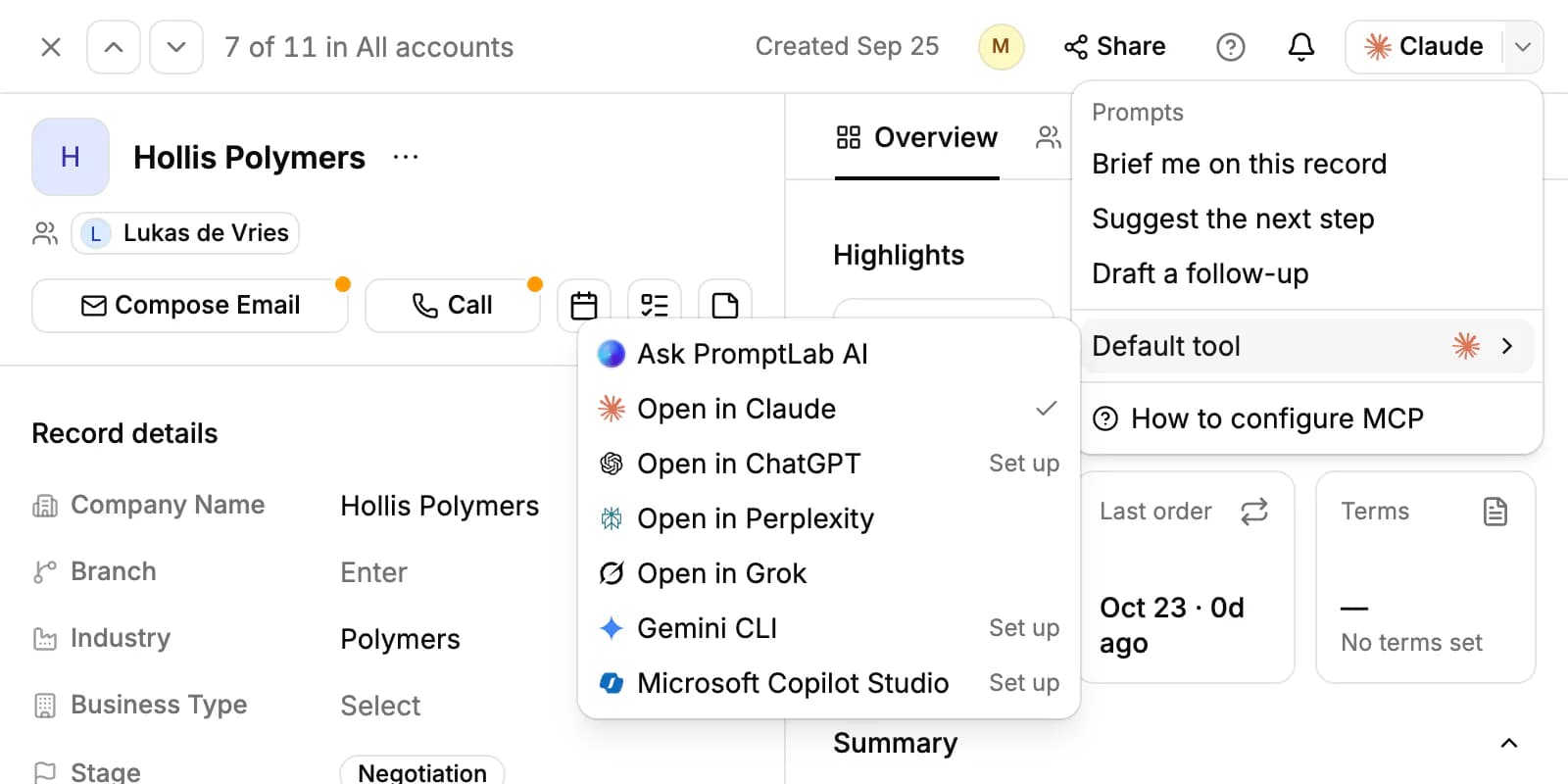 The AI button's menu on an account page: Prompts such as Brief me on this record, and the Default tool list with Ask PromptLab AI, Claude, ChatGPT, Perplexity, Grok, Gemini CLI and Microsoft Copilot Studio