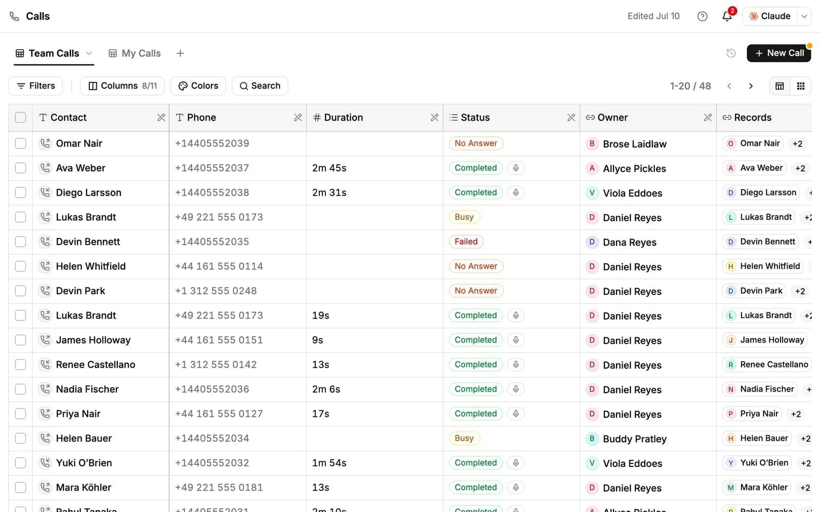 The Calls page with the Team Calls and My Calls views, filters, and a table of calls with contact, phone, duration, status and owner