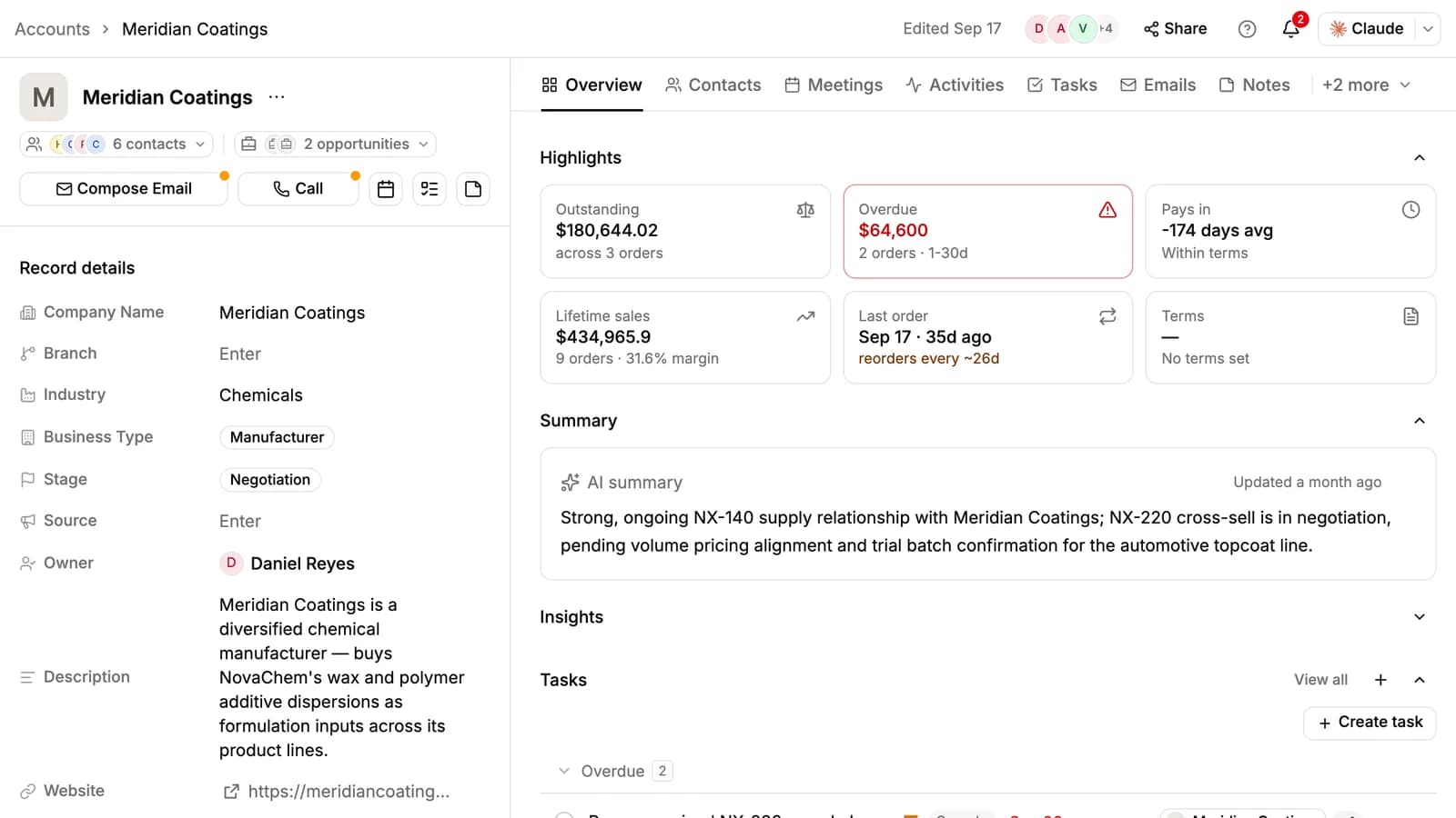 An account page in PromptLab with the Call button next to Compose Email at the top
