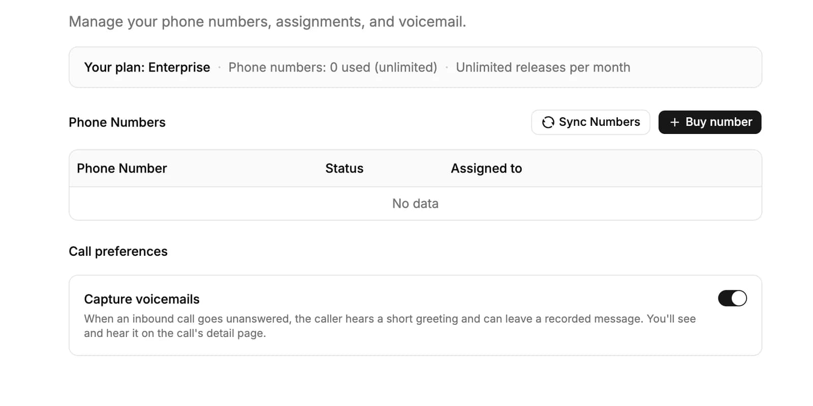 Settings, Voice Calls: the plan's number allowance, the Buy number button, the phone numbers table and the Capture voicemails switch