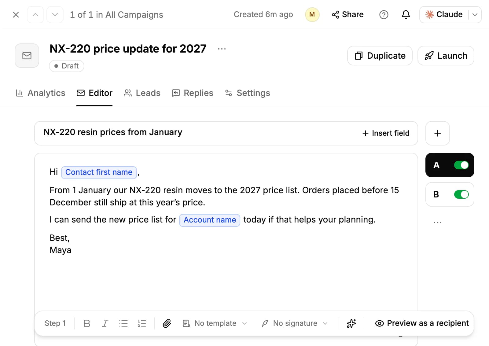 A draft campaign's Editor tab: the first email with the contact's first name and account name as fields, versions A and B on the right, and the toolbar at the bottom