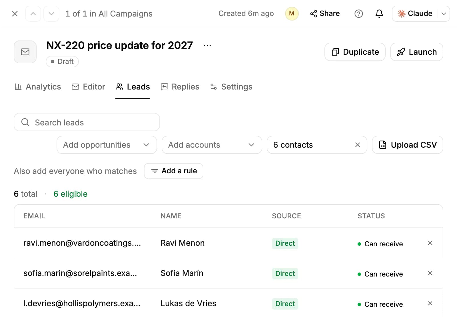 The Leads tab of a draft campaign: pickers for opportunities, accounts and contacts, Upload CSV, Add a rule, and six recipients who can all receive the emails
