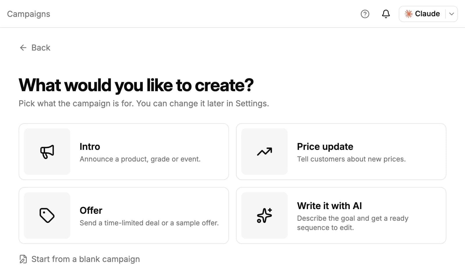 What would you like to create?: Intro, Price update, Offer and Write it with AI, with Start from a blank campaign below