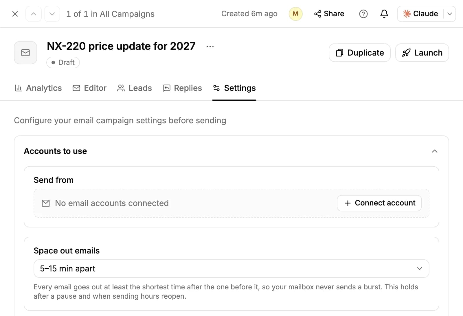 The Settings tab: Accounts to use, with Send from and no mailbox connected yet, and Space out emails set to 5 to 15 minutes apart