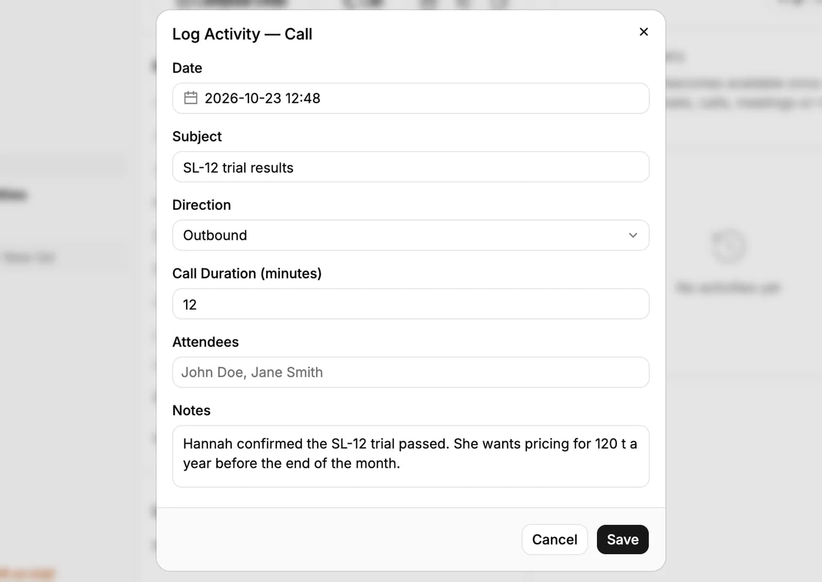 The Log Activity window for a call: the date, the subject SL-12 trial results, direction Outbound, a 12-minute duration, attendees and notes, with Save