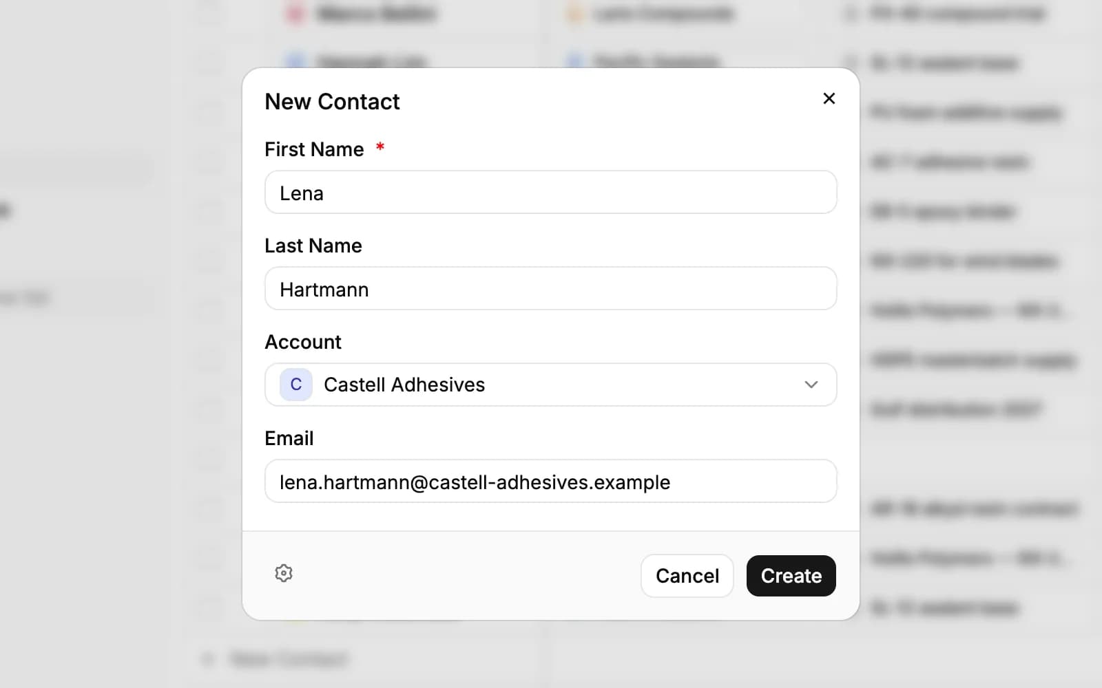 The New Contact window with First Name, Last Name, the Account picker set to Castell Adhesives, and an email address