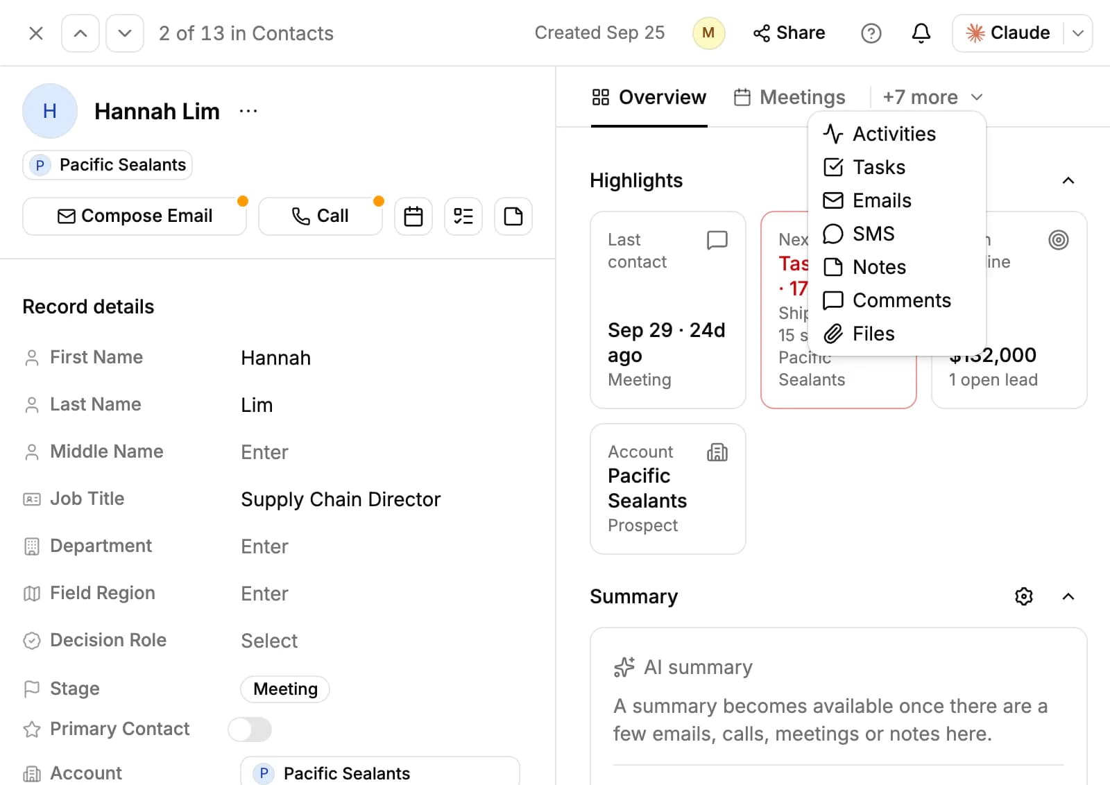 Hannah Lim's contact page with the +7 more tab menu open (Activities, Tasks, Emails, SMS, Notes, Comments and Files), beside Record details and her Highlights