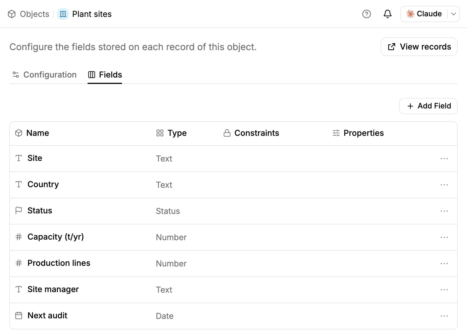 Object settings for Plant sites, Fields tab: Site, Country, Status, Capacity (t/yr), Production lines, Site manager and Next audit with their types, and the Add Field button