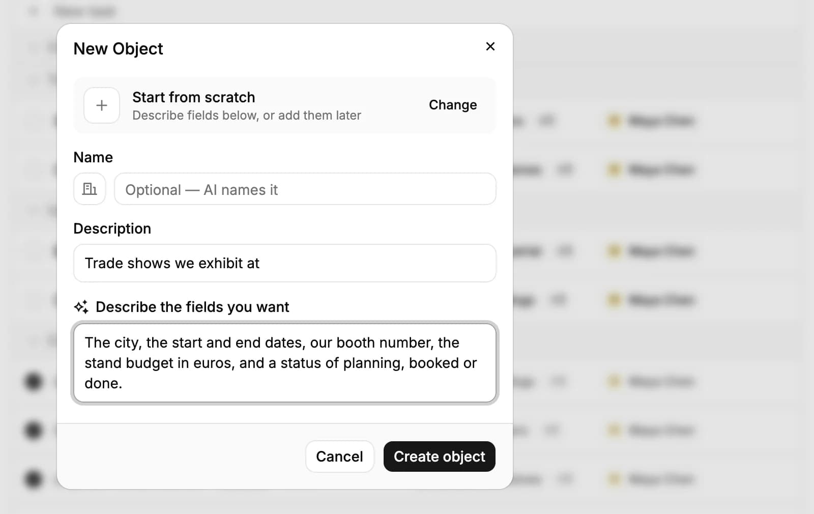The New Object window for Start from scratch: the name left empty for AI, the description Trade shows we exhibit at, and the fields described in plain words