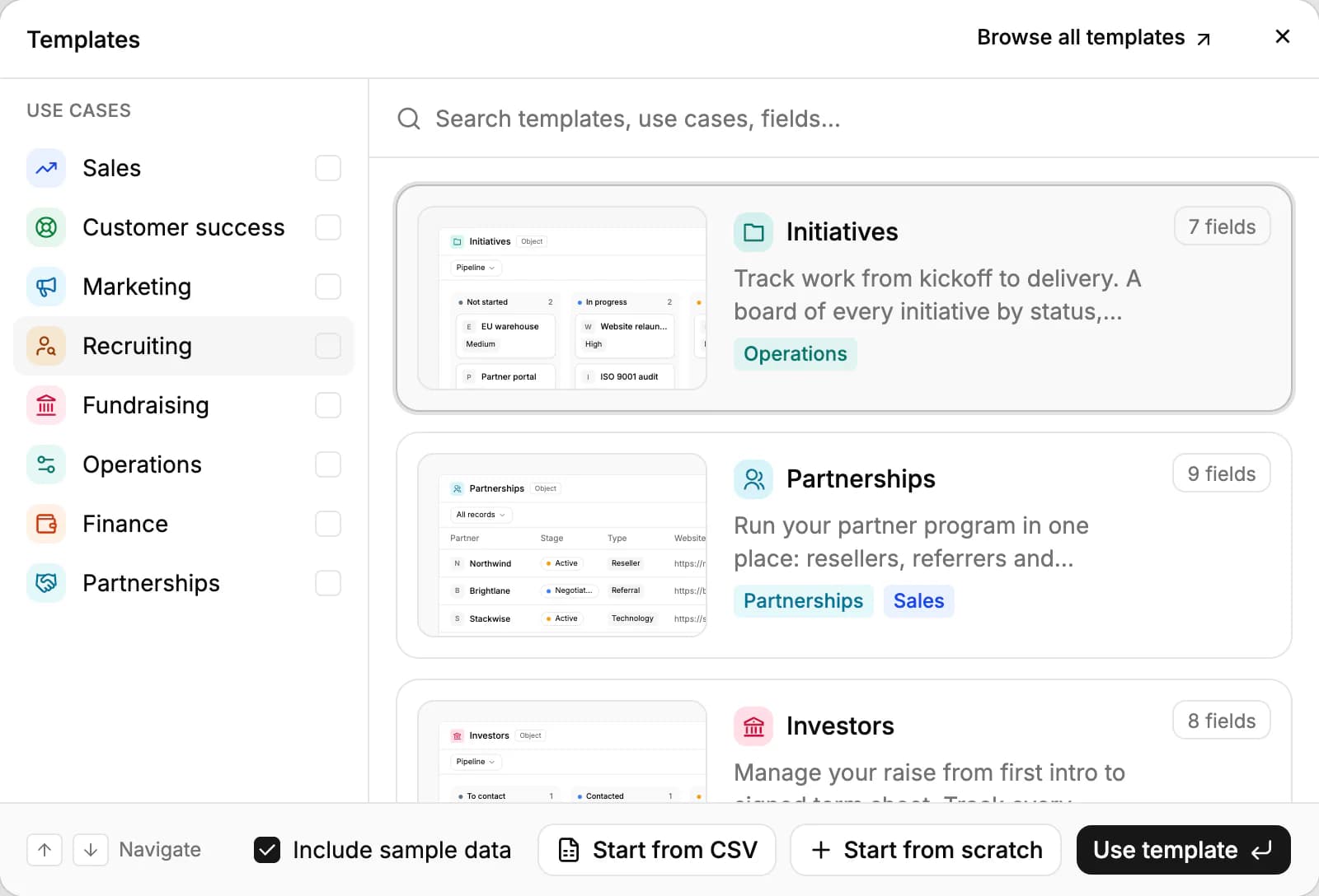 The object Templates window: use cases on the left, the Initiatives, Partnerships and Investors templates with their field counts, and Include sample data, Start from CSV, Start from scratch and Use template at the bottom