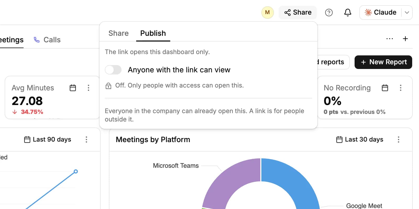 The Share menu on a dashboard, Publish tab: the Anyone with the link can view switch, turned off