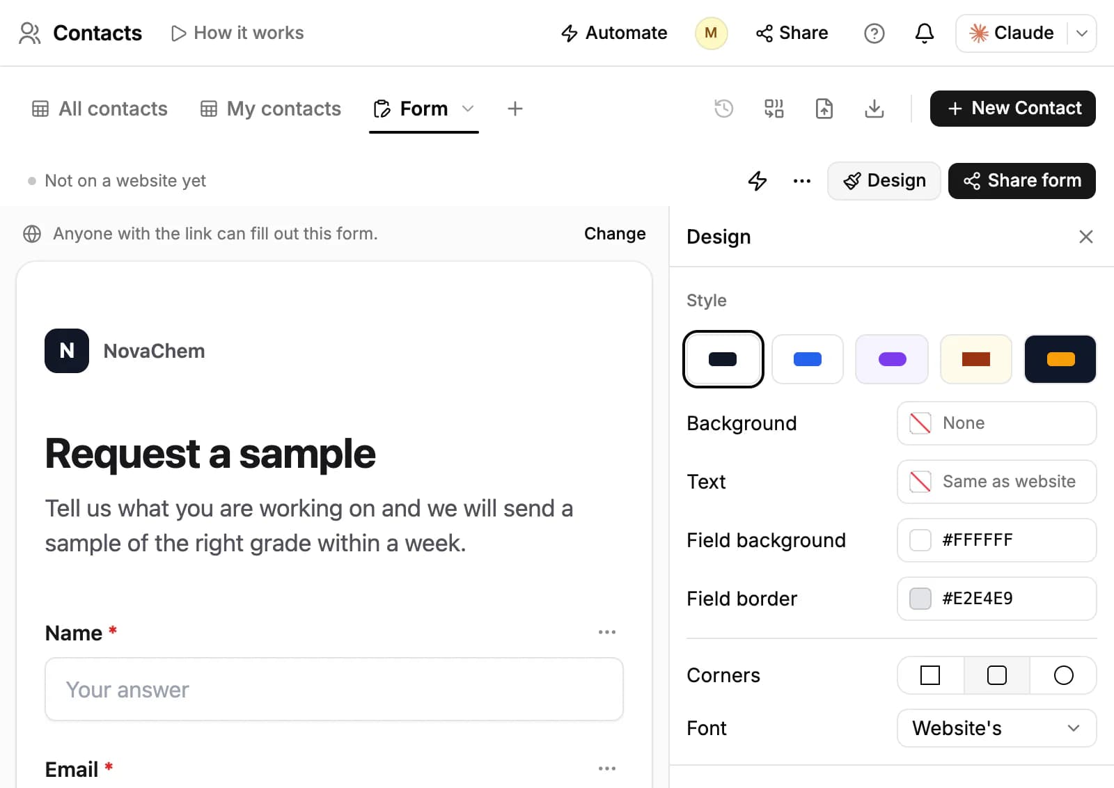 A form next to its Design panel: the style presets, background, text, field background, field border, corners and font