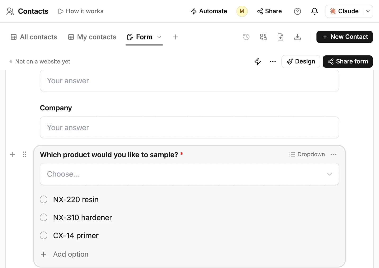 A Form view on Contacts with a dropdown question selected: Which product would you like to sample?, its three options and Add option