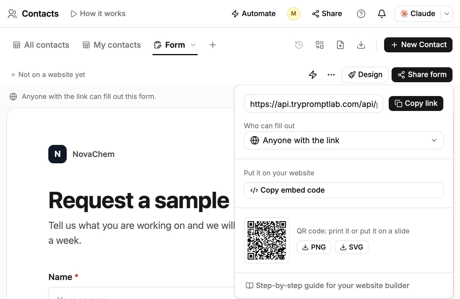 The Share form popover: the form link with Copy link, Who can fill out, Copy embed code, the QR code with PNG and SVG downloads, and the website builder guide