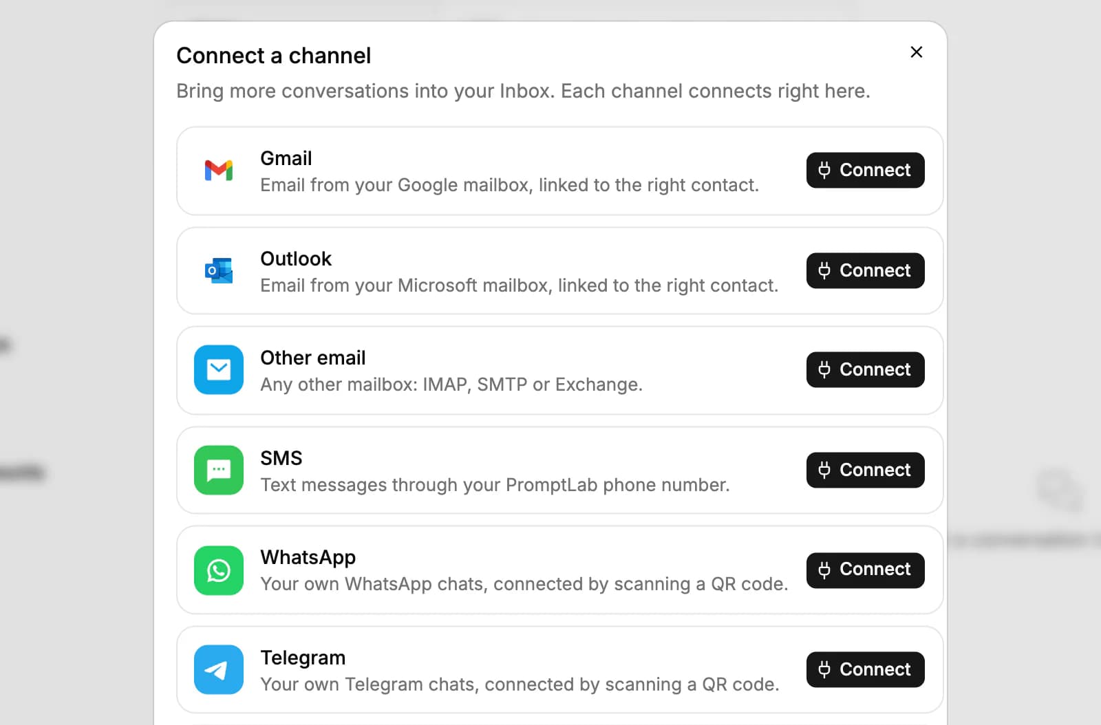 The Connect a channel dialog: Gmail, Outlook, Other email, SMS, WhatsApp and Telegram, each with a Connect button
