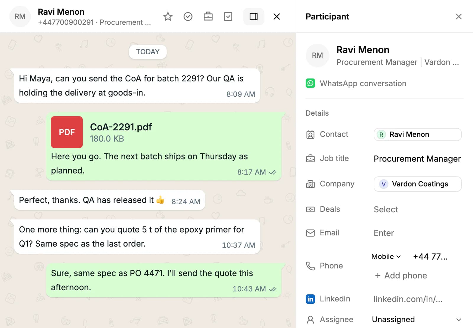 A WhatsApp conversation next to the Participant panel, which shows the contact's job title, company, deals, email, phone, LinkedIn and assignee