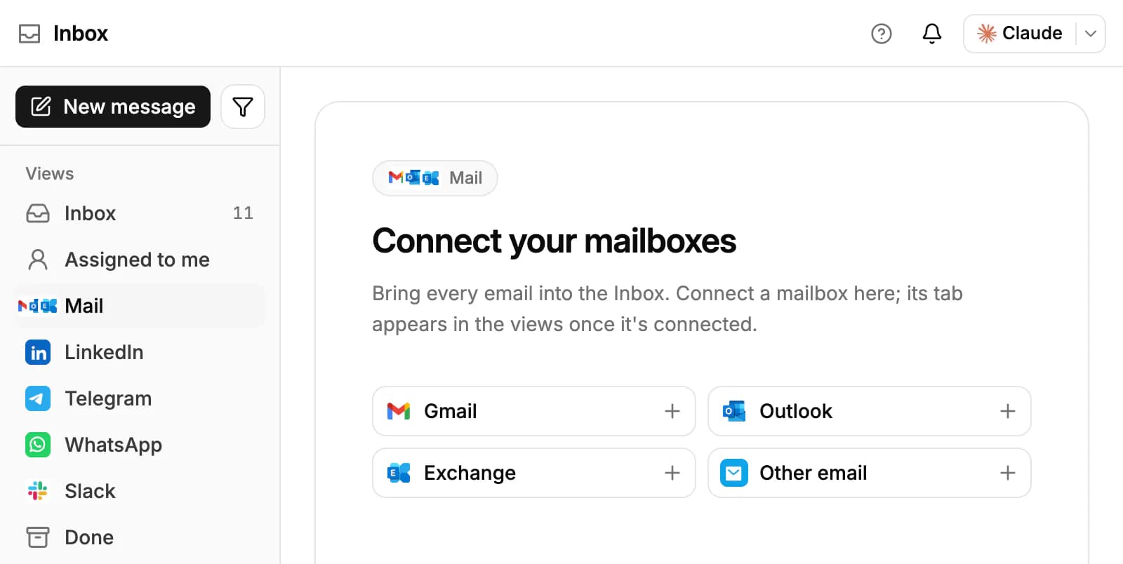 The Inbox's Mail tab: Connect your mailboxes, with Gmail, Outlook, Exchange and Other email, next to the Inbox views