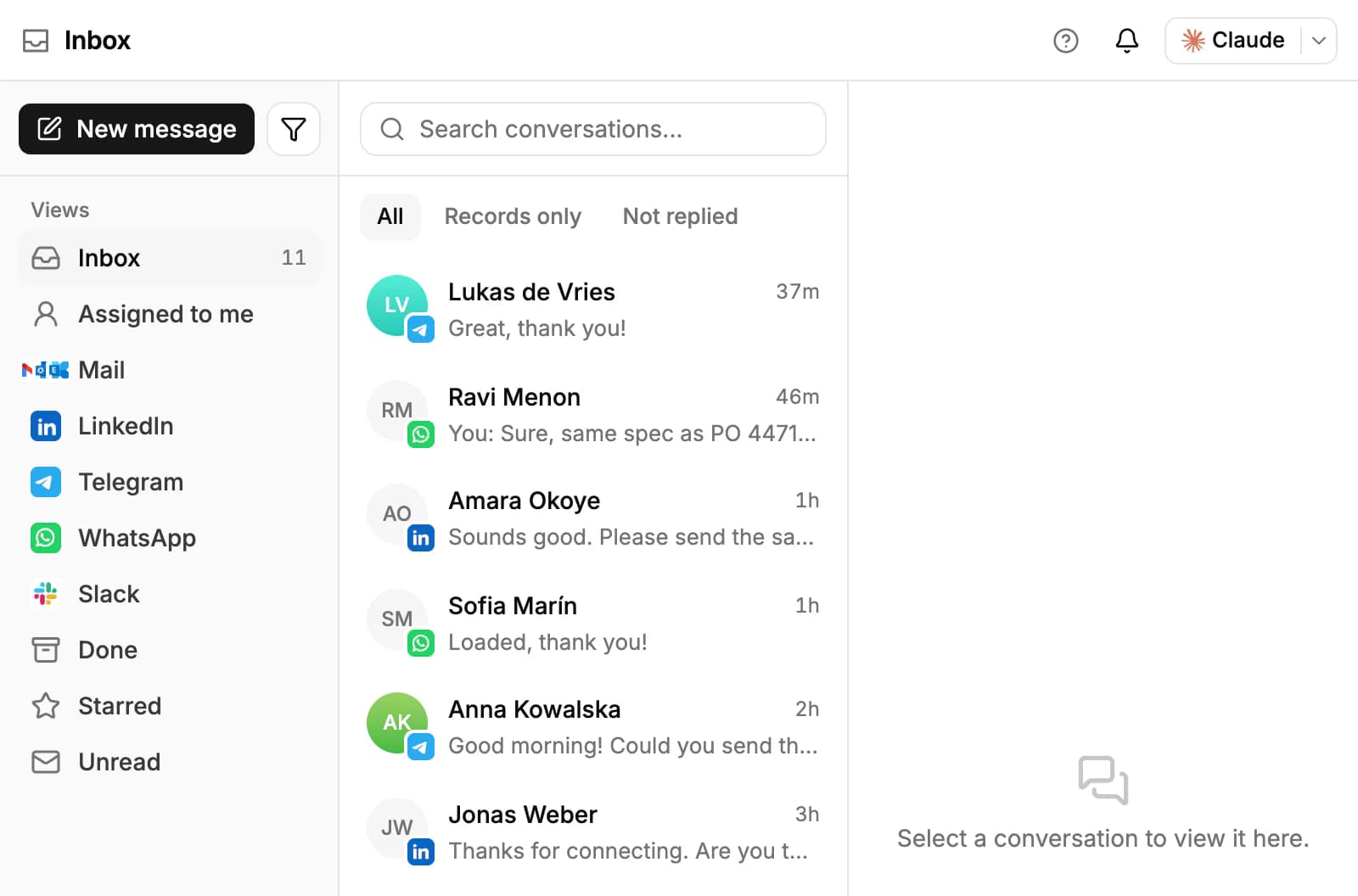 The Inbox: the views on the left (Inbox, Assigned to me, Mail, LinkedIn, Telegram, WhatsApp, Slack, Done, Starred and Unread) and the conversation list with All, Records only and Not replied