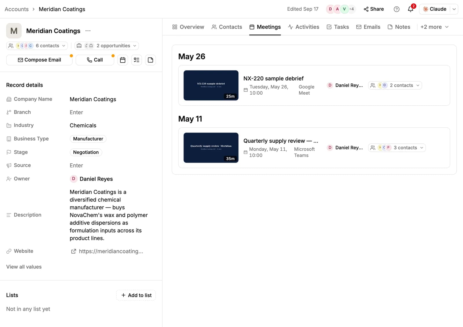 An account's Meetings tab listing its meetings by date
