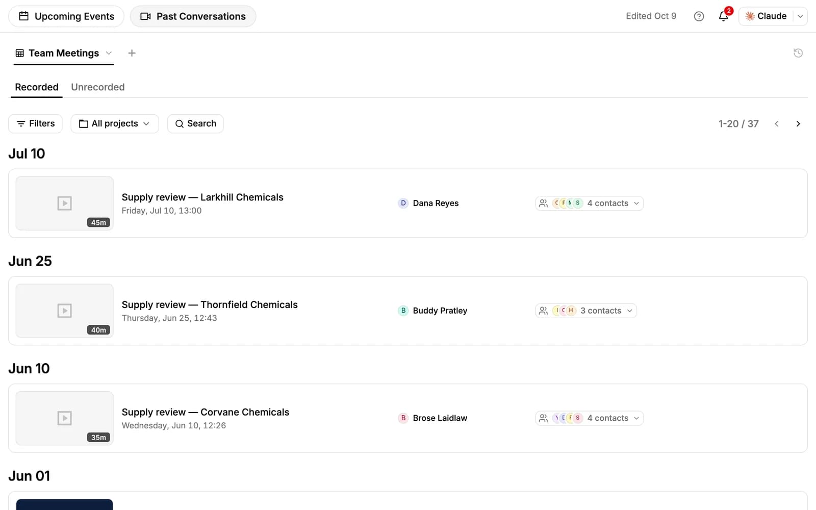 Past Conversations in PromptLab: recorded meetings grouped by day, each with its owner and contacts