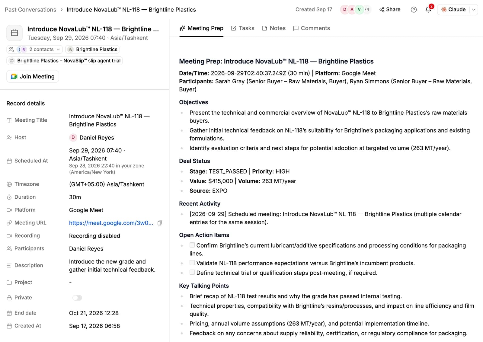 The Meeting Prep tab of an upcoming meeting: objectives, deal status, recent activity, open action items and key talking points