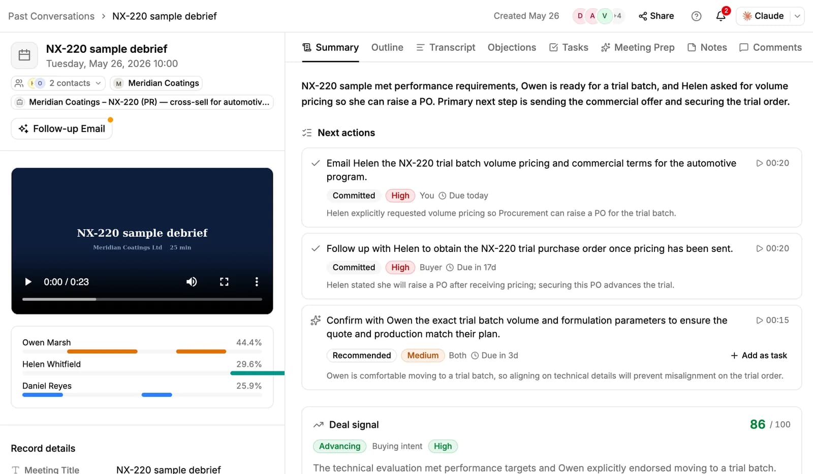 A recorded meeting's Summary tab: the recap and the next actions, next to the video and each speaker's talk time