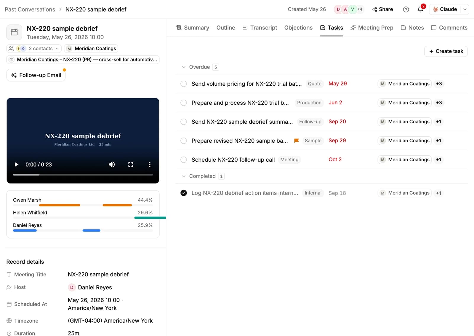 A recorded meeting's Tasks tab with the follow-up tasks created from the meeting, beside the recording