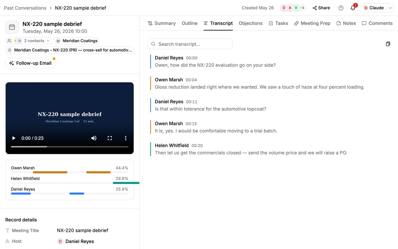 A recorded meeting's Transcript tab: a searchable transcript with speakers and timestamps beside the video