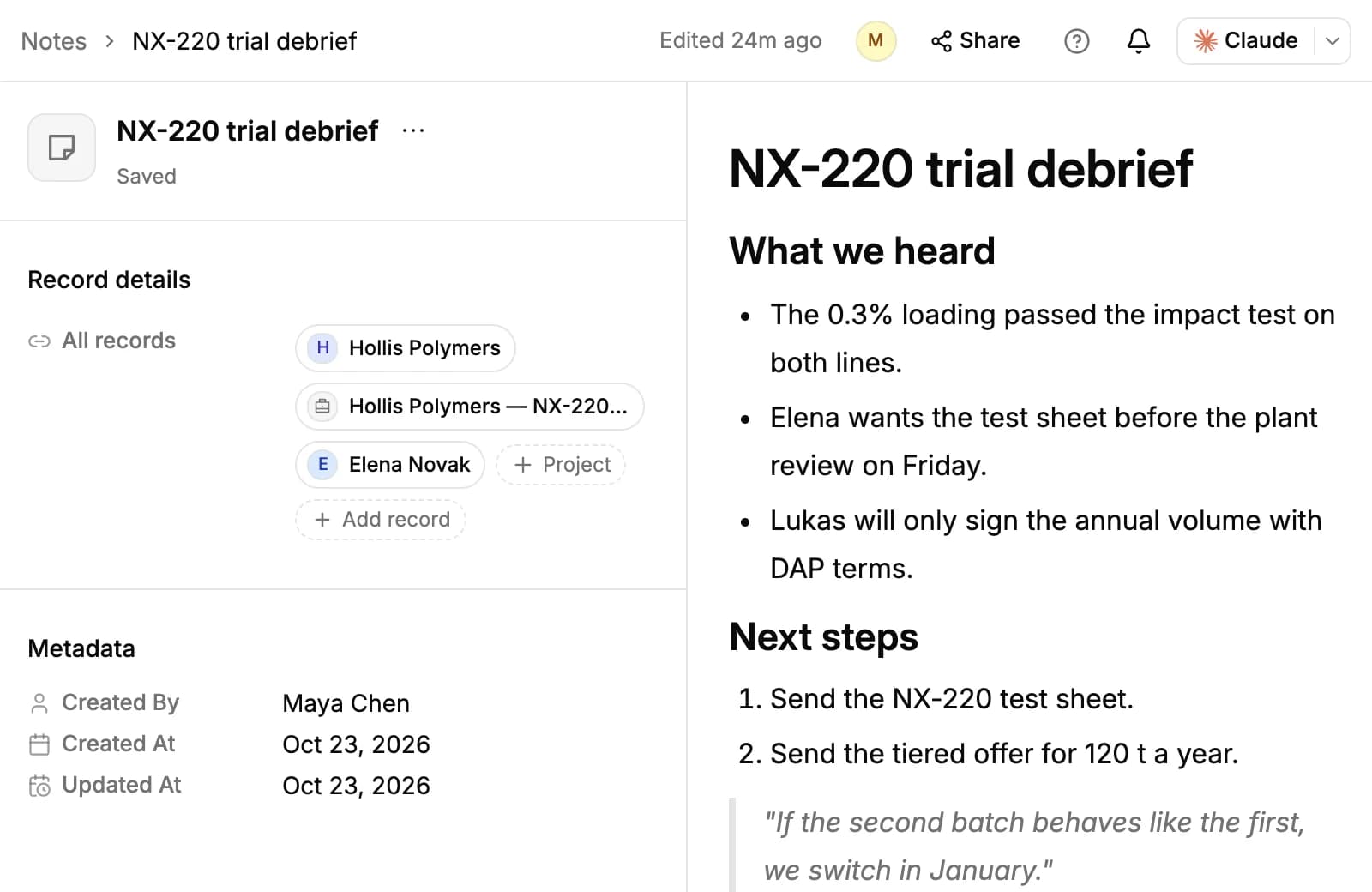 A note on its full page: the linked account, opportunity and contact under Record details on the left, and the formatted note with headings, lists and a quote on the right