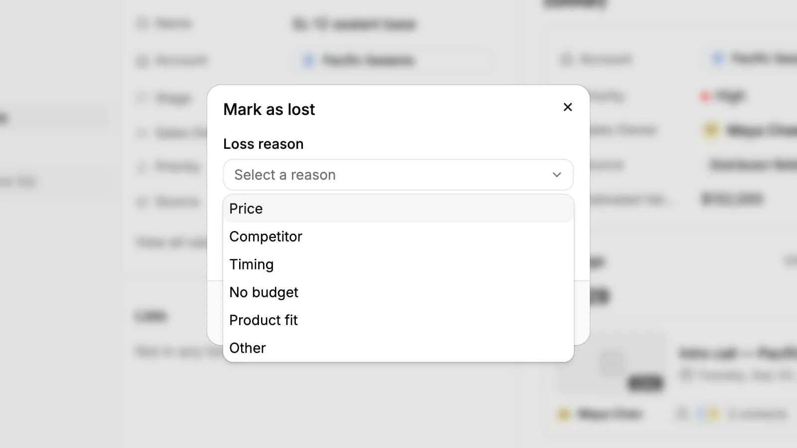The Mark as lost window with the Loss reason list open: Price, Competitor, Timing, No budget, Product fit and Other