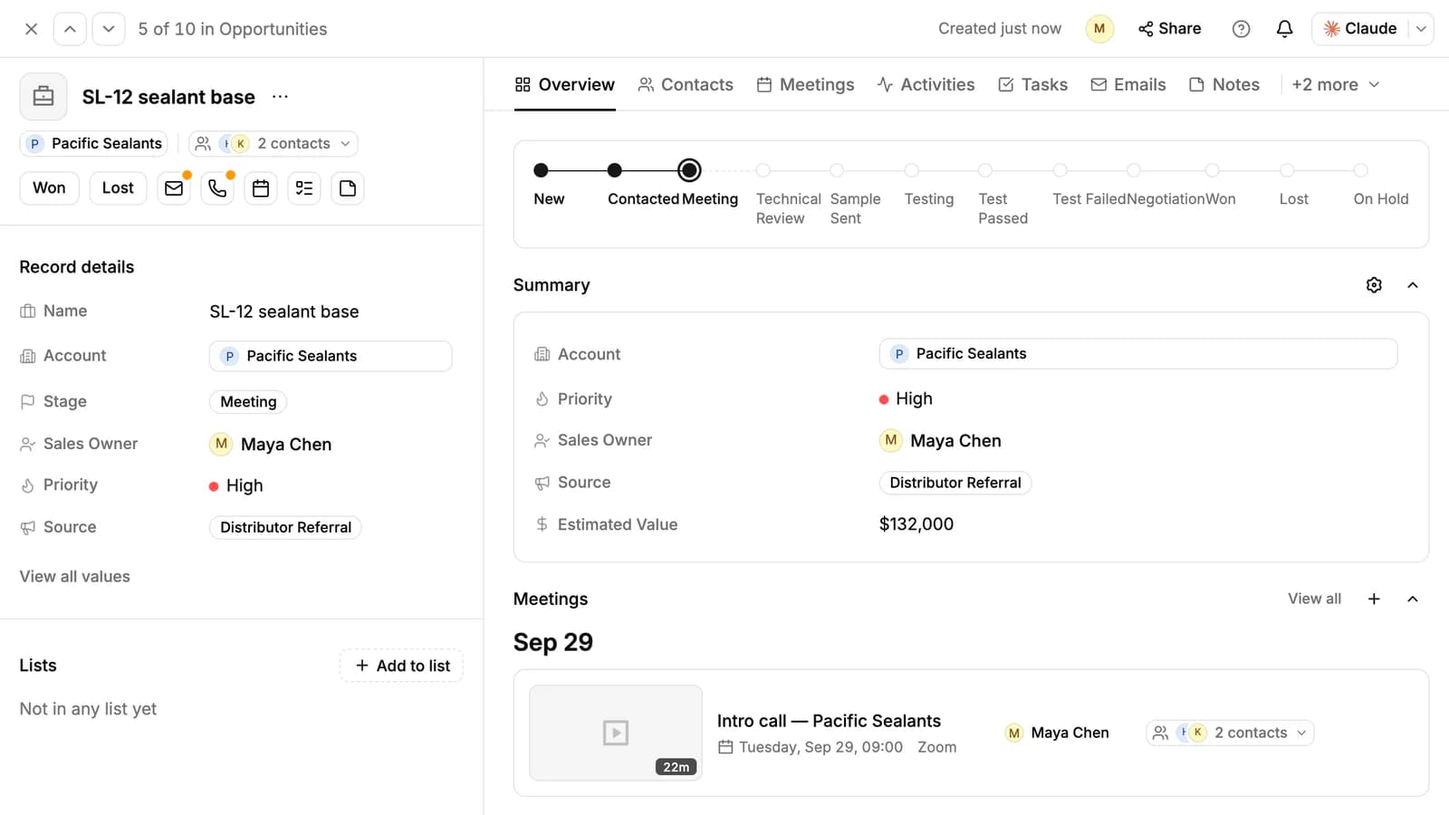 The SL-12 sealant base opportunity: its account and contacts, the Won and Lost buttons, Record details on the left, and on the right the stage tracker with the deal at Meeting, its Summary and its meetings