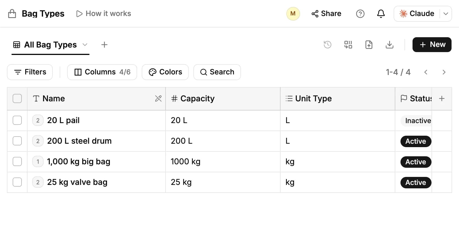 The Bag Types page: four bag types with their capacity, unit type and Active or Inactive status
