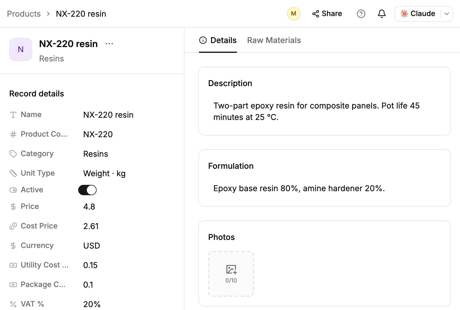 A product page for NX-220 resin: name, code, category, unit, the Active switch, price, cost price and per-unit costs on the left, and its description, formulation and photos on the right