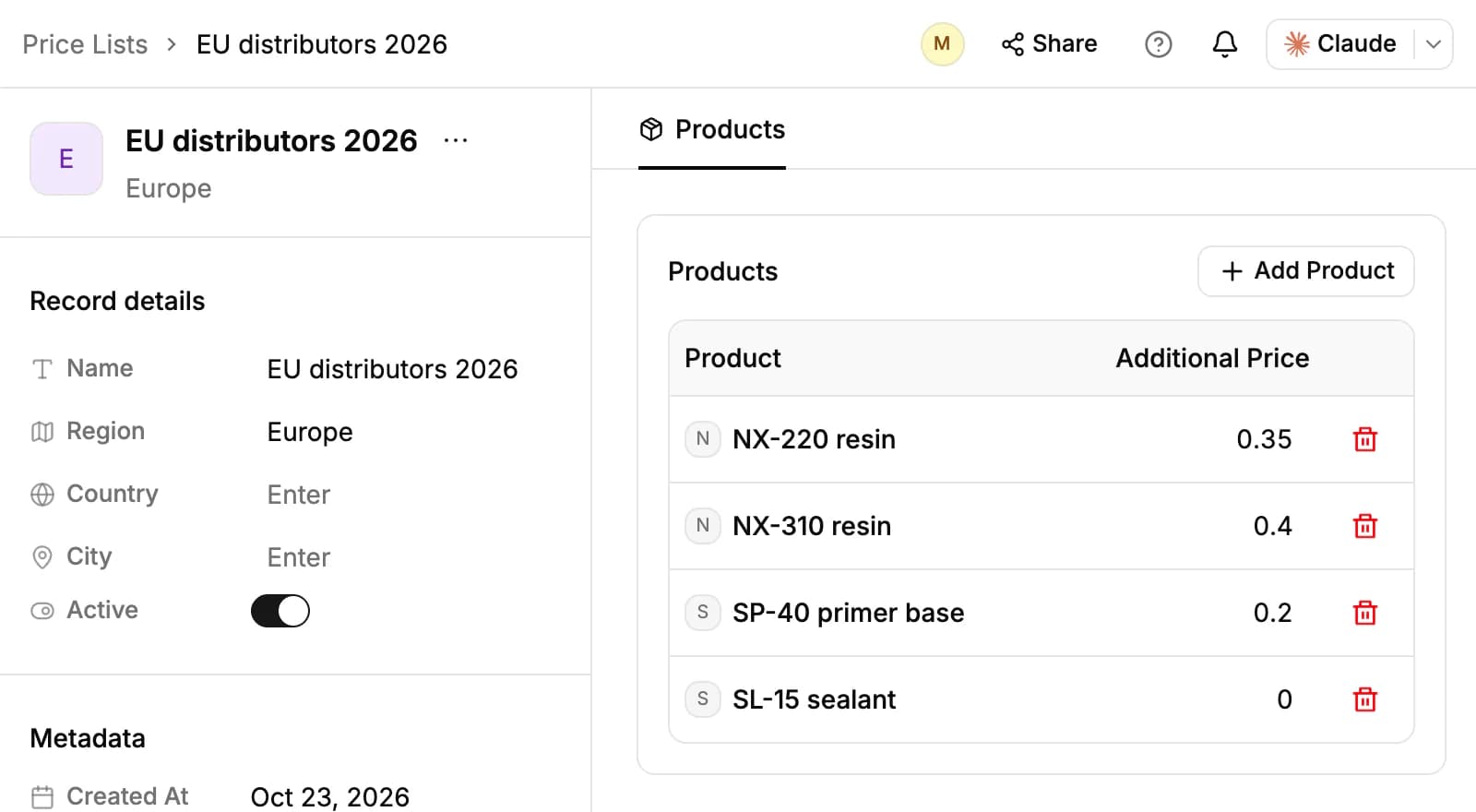 The EU distributors 2026 price list: its region and Active switch on the left, and four products with their additional prices on the right
