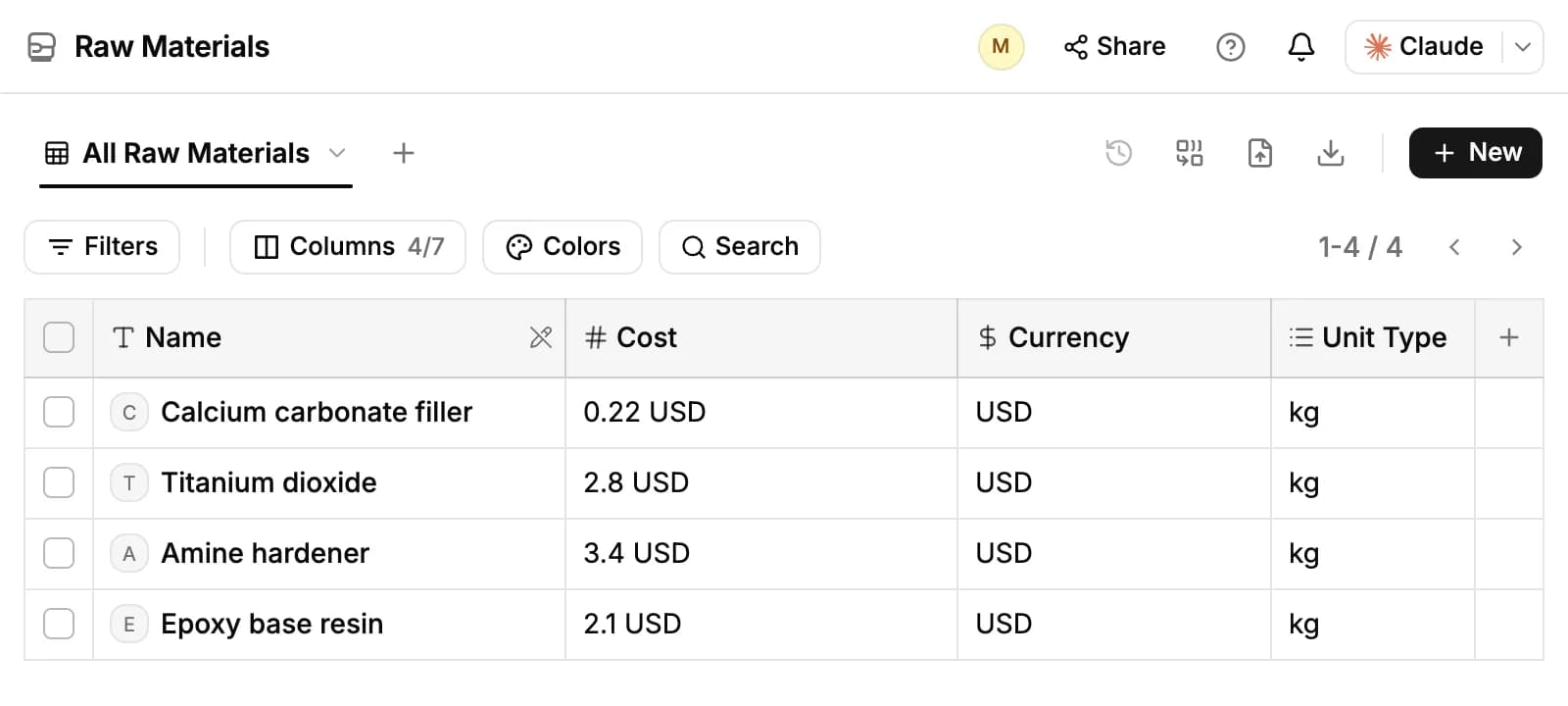 The Raw Materials page: a table of four raw materials with their cost, currency and unit type