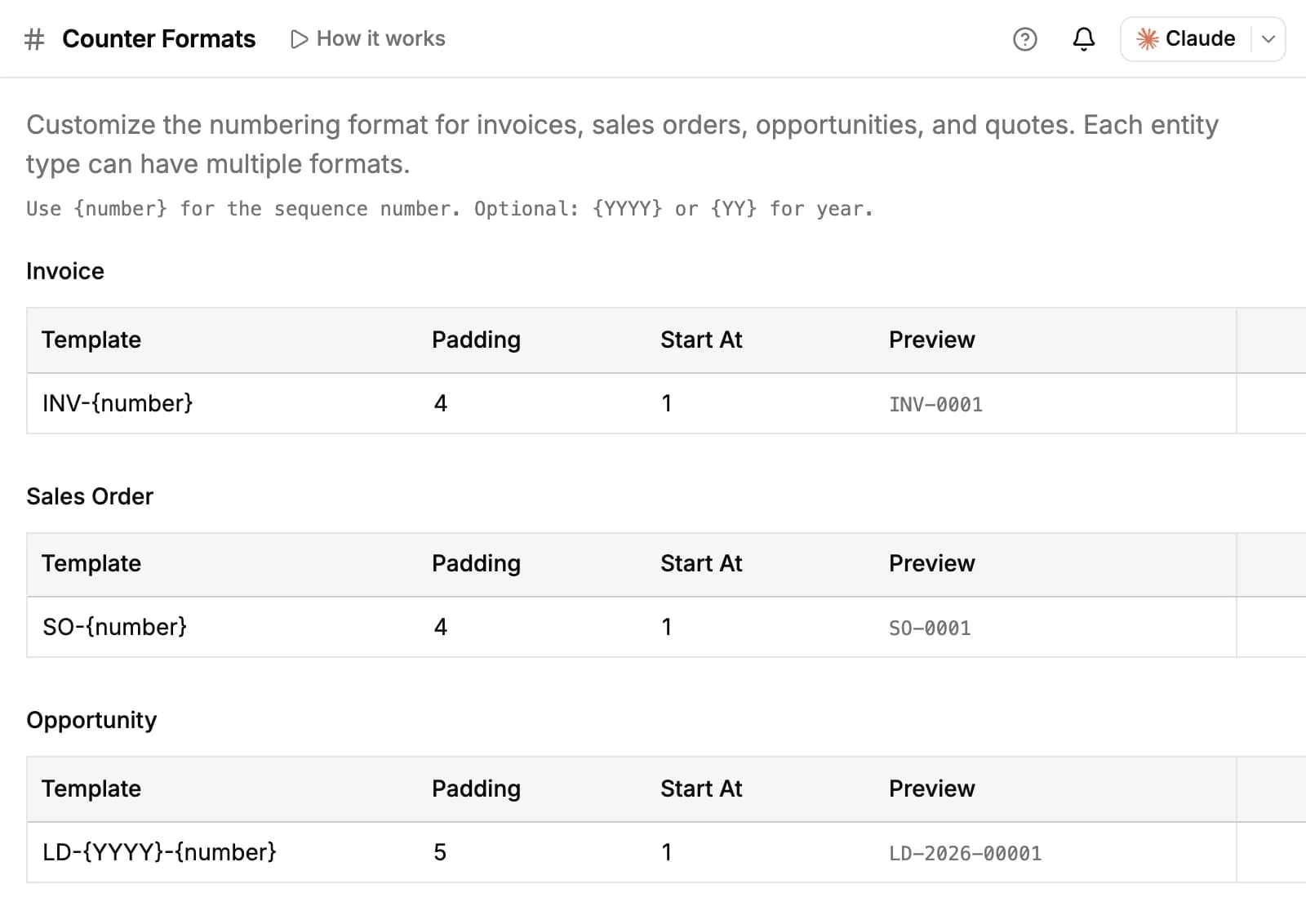 Settings, Counter Formats: the template, padding, start value and preview for invoices, sales orders and opportunities