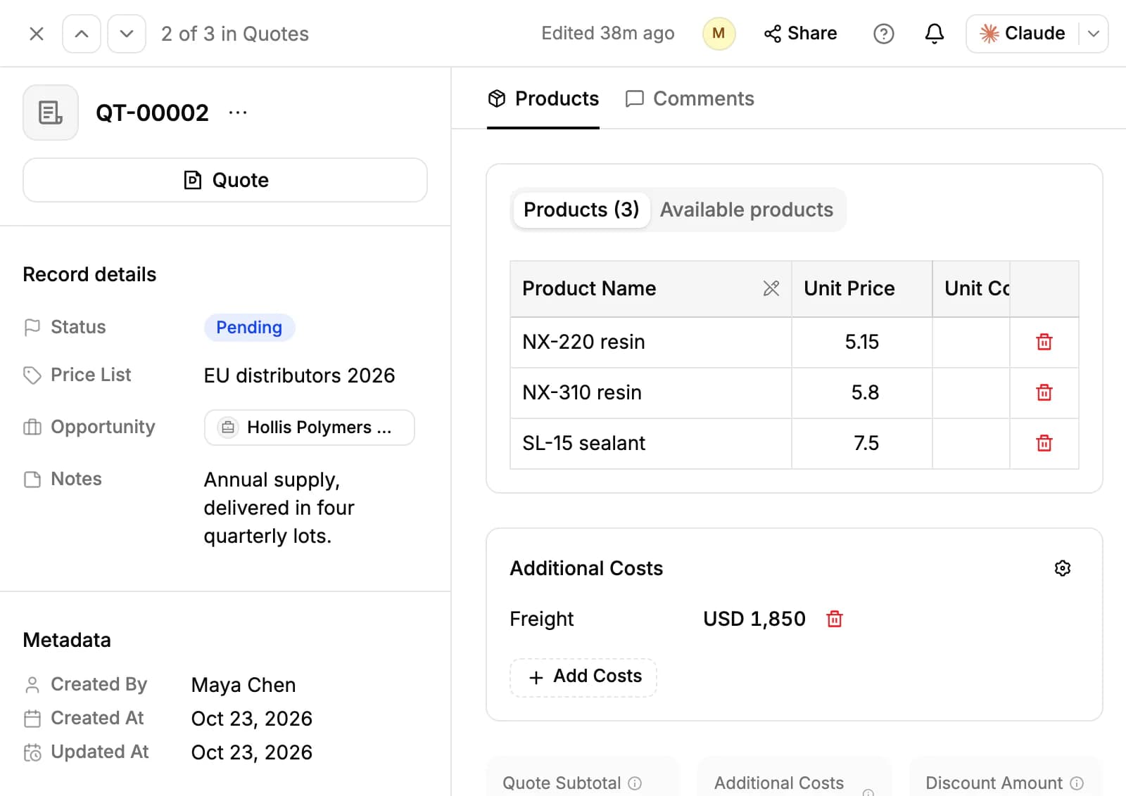 Quote QT-00002: status Pending, its price list, opportunity and notes on the left, and three product lines and a freight cost under Additional Costs on the right