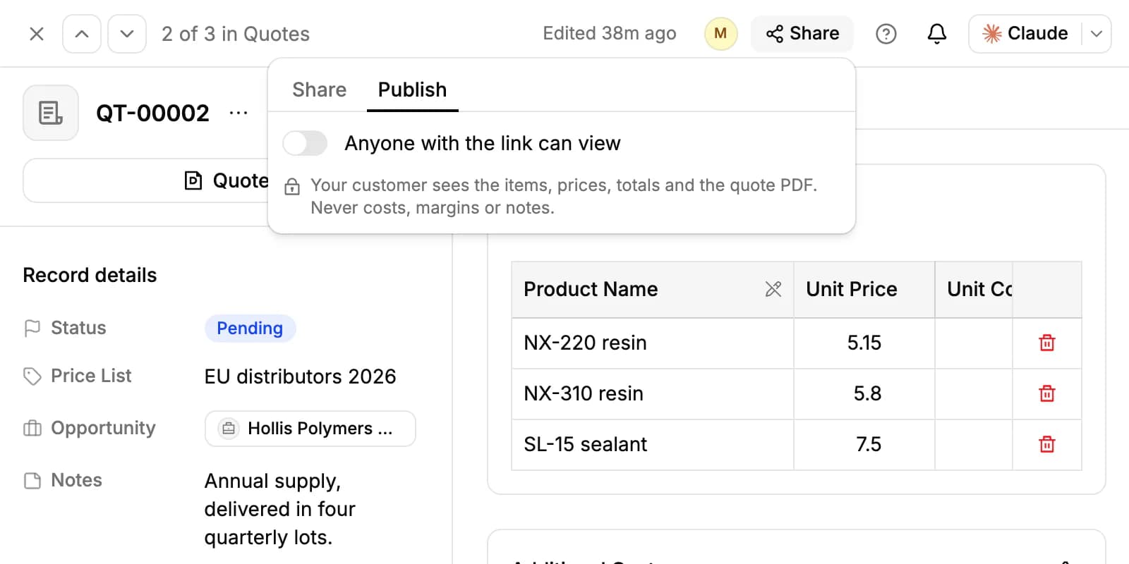 The Publish tab of a quote's Share menu: the Anyone with the link can view switch and a note on what the customer sees