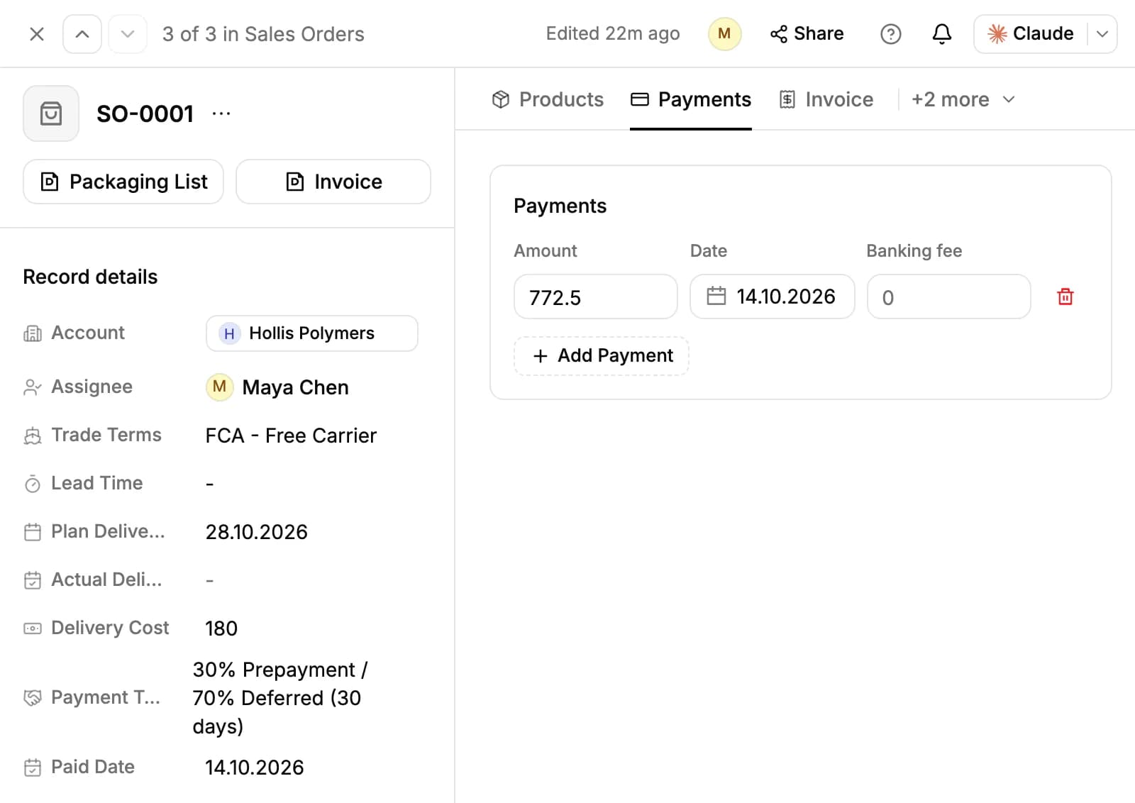Sales order SO-0001: account, assignee, trade terms, dates, delivery cost and payment terms on the left, and one payment on the Payments tab