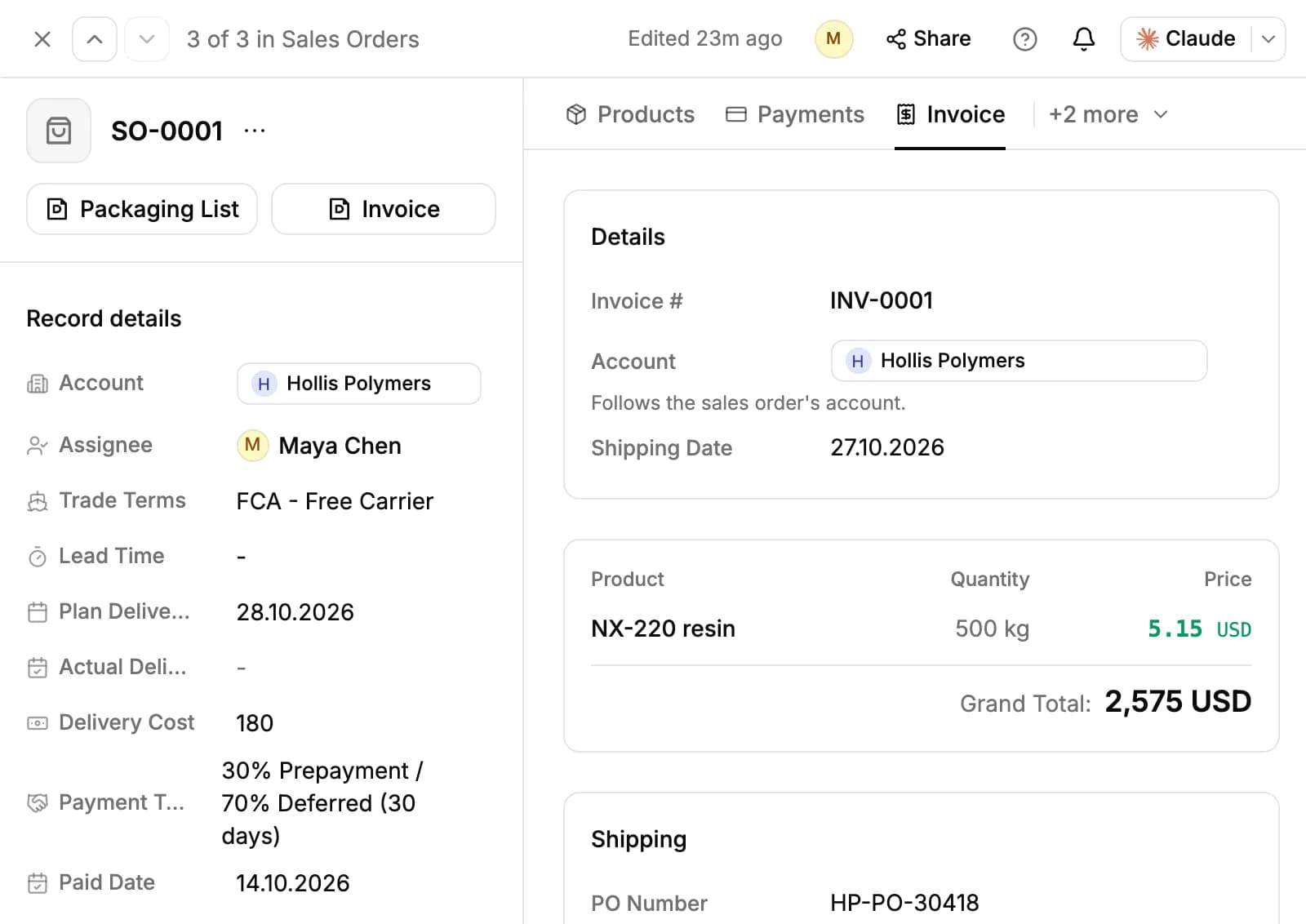 The Invoice tab of a sales order: invoice number, account and shipping date, the product line and grand total, and the PO number under Shipping, with the Packaging List and Invoice buttons at the top
